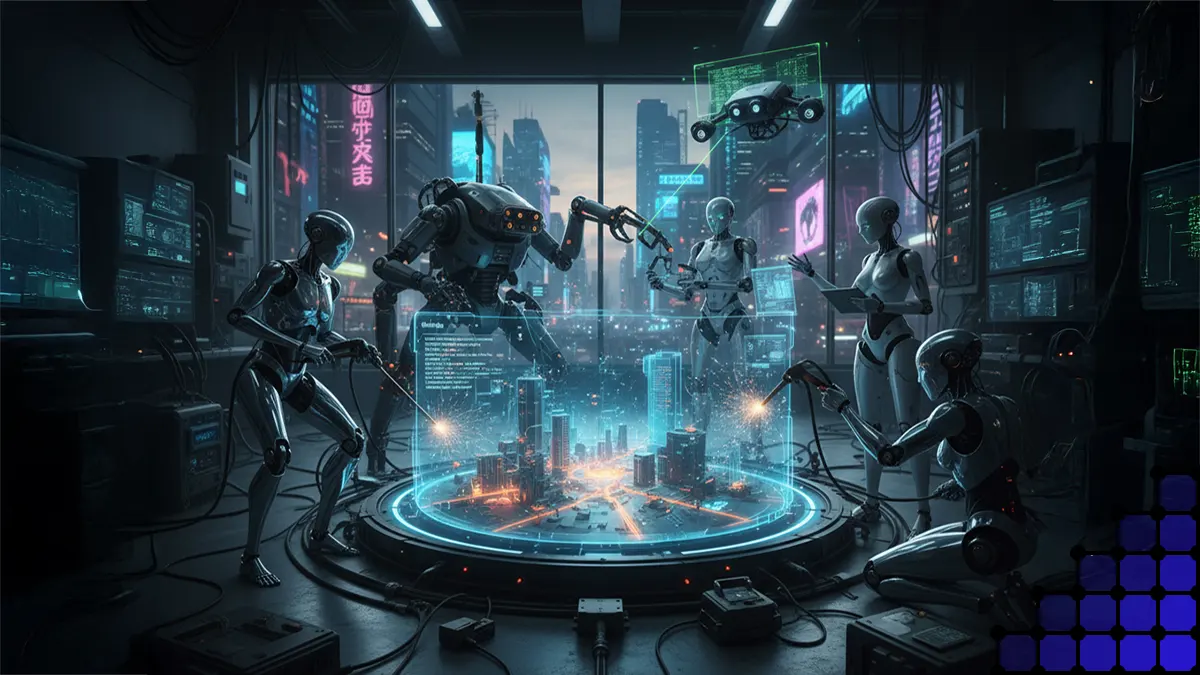 Roboter bauen an einem Computerspiel